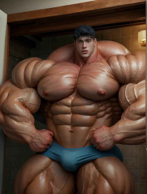 1boy, giant, asian, solo, giant bodybuilder, illuminating light, strong body, bulk, large size, standing under in any bathroom with water rain, indoor, wet, nude, blue triangular underpants with enormous bulge, extraordinary big, brutalmass, giant muscular body, bulk, buff, massive body, large meaty body size, extremely wide body