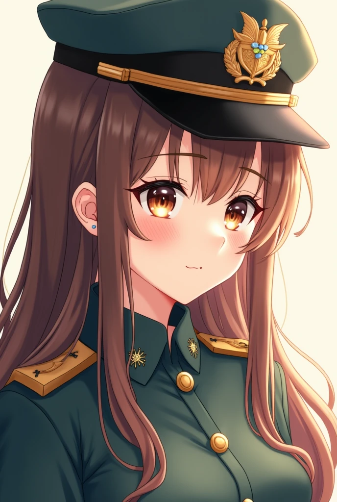 Anime blushing soldier girl with long brown hair and long bangs and brown eyes. 