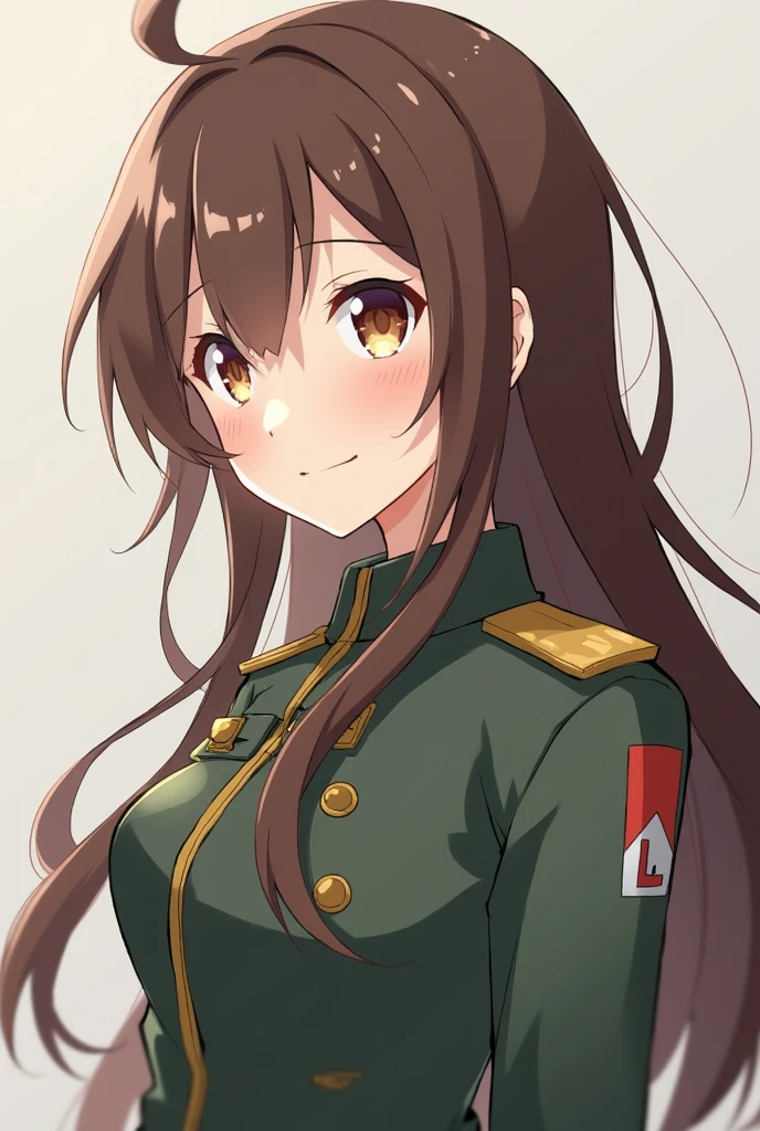 Anime blushing soldier girl with long brown hair and long bangs and brown eyes.