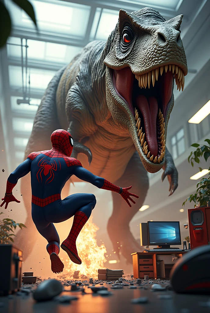 Spider-Man fighting with dinosaur in marvel office