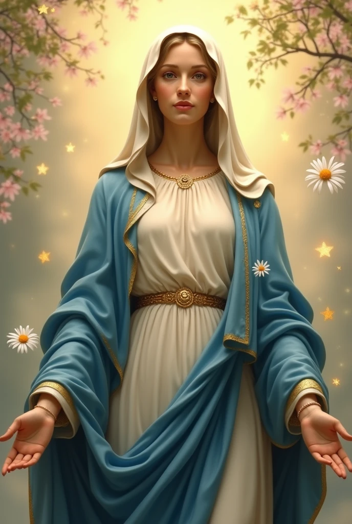 "Create an image of the Virgin Mary with a serene and maternal expression. She should be wearing a blue and white cloak, symbolizing purity and protection. The background can be a heavenly environment with a soft, golden light, highlighting her figure. Her expression should convey calm and compassion, and around her there can be small details such as flowers or stars to accentuate the divine atmosphere."