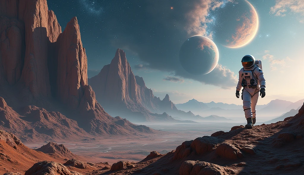 astronaut, space suit, helmet, walking on an alien planet, rocky landscape, craters, mountains, futuristic, dramatic lighting, stars, planets, galaxies, nebulae in the background, hyper-realistic, 8K, cinematic, epic, moody, dramatic, stunning, intricate details, realistic textures, volumetric lighting, photorealistic