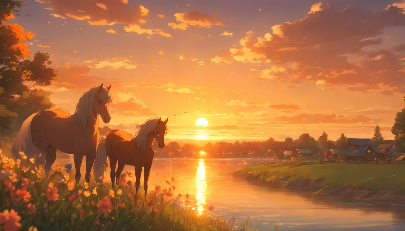 Photorealism, sunset, evening, warm summer, hyper-detailed, picturesque beautiful landscape, wildflowers, romantically depicted charming Russian village, traditional crafts, horse near the shore, river, golden haze