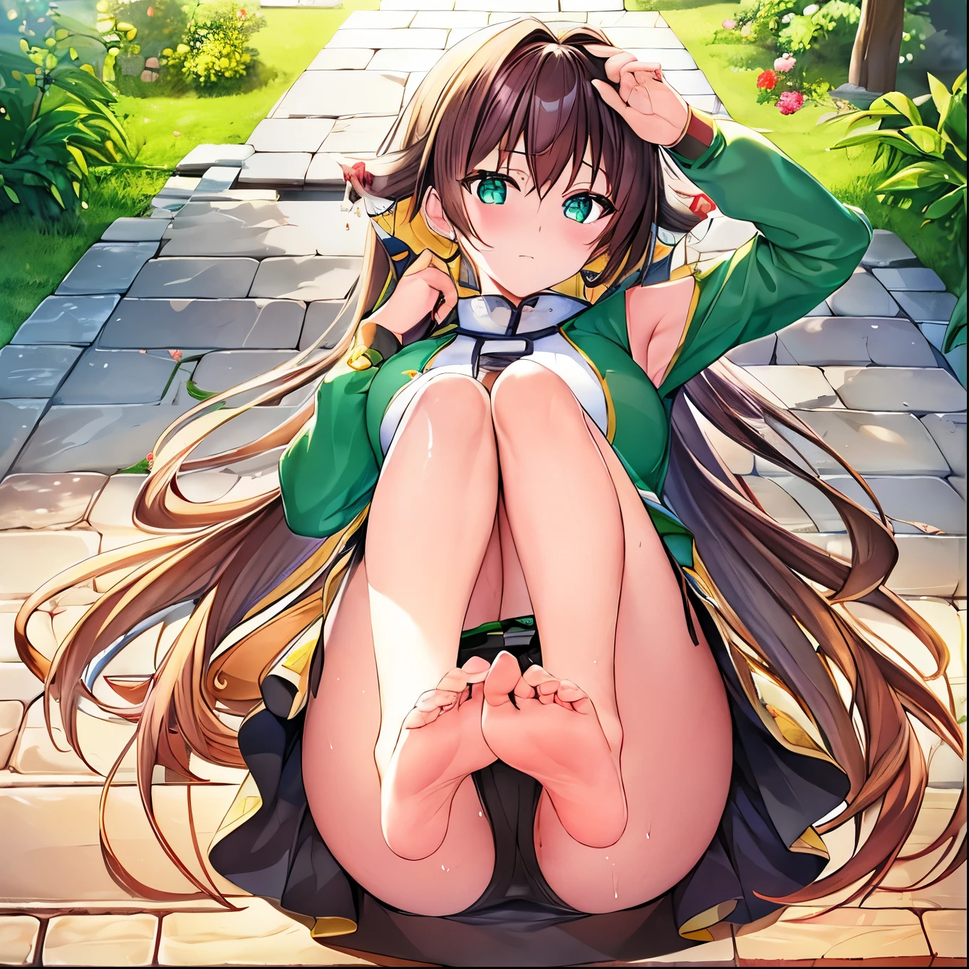 (masutepiece:1.1), (high resolusion:1.2), (Illustration:1.05), (ultra detailed 8k art:1.05), (finely detailed beautiful eye), Perfect face, Bright pupils, Lustrous skin, hayami_Sena ,Green eyes, , Xenovia Quarta, Black_Belt bag, Green_Capelet, Green_Jacket, white_Shorts,, Long sleeves, fullllbody, blushed, Looking at Viewer, sole, Barefoot soles、poneyTail、Smelly、5 toes、Sole Focus、Open your toes、Bare legged、bare-legged、Brown hair、Sena Hayami、Stuffiness on the soles of the feet、Sweaty feet, Close-up of the soles of the feet,Exposing the soles of the feet