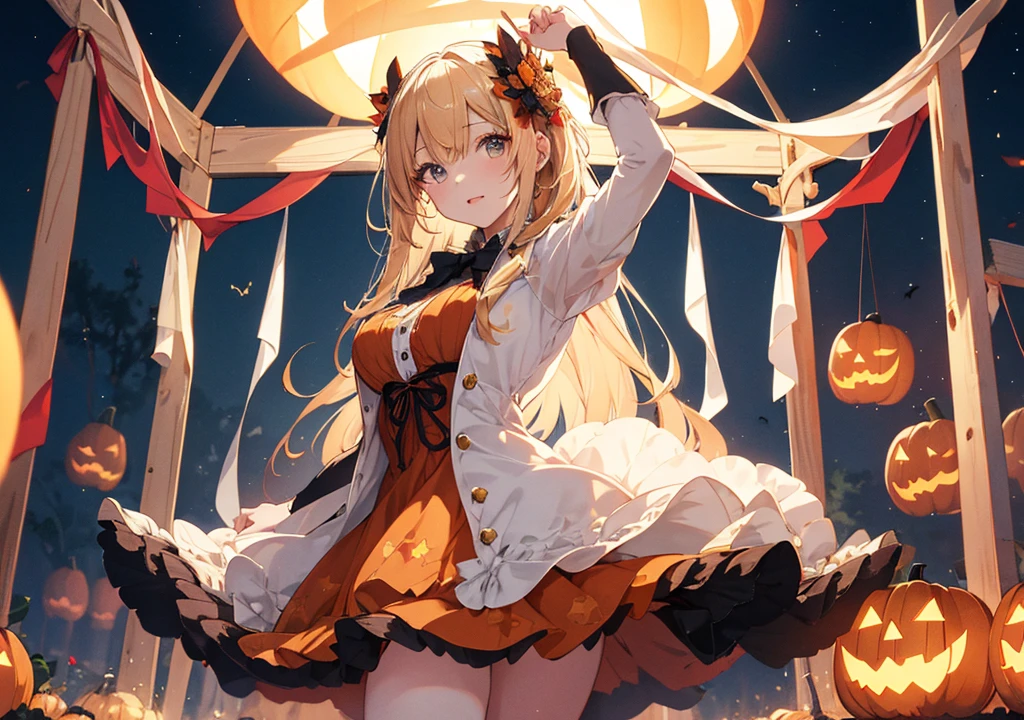 Realistic photos, Focus distance 10mm, Red and white, Beautiful girl, Realistic photos, Shooting at focus distance 10mm, masterpiece, 最high quality, high quality, Very detailed CG 8k wallpaper unit, Award-winning photography, Depth of written boundary, High resolution, bloom, chromatic aberration, Realistic, Very detailed, Art Station Trends, CGsociety Trends, Complex, High detail, dramatic, Art on the go, volumetric lighting, A beautiful blonde girl is wearing a magical Disney-style dress and dancing a Halloween dance in a square surrounded by pumpkin lanterns. In the background is a full moon and a starry sky