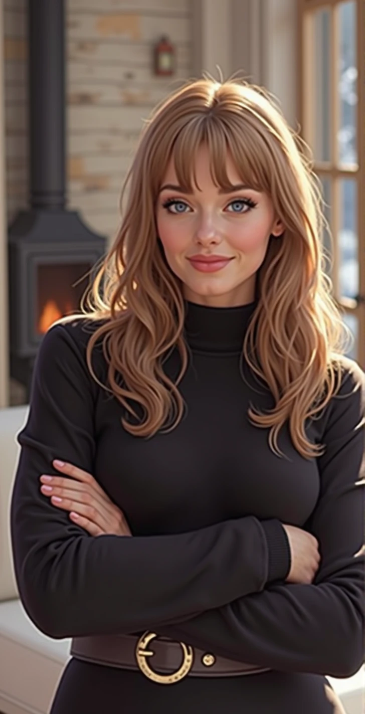 her name is Angela, high qualiy, 1 girl, ((brown woman, de 25 anos, in good shape)), ((20 years old)), ((Scrawny)), ((long length purple hair with bangs)), smiling, pose: sexly, wearing warm overalls, fund: "A luxurious alpine mansion with rustic wooden interiors, a cozy fireplace, and large windows overlooking the sea." PICTURE REALISTIC, alexa grace, yelena belova, Dasha Taran, vestido sexly, tight dress, Sidney Sweeney, Pink body, irina nordsol kuzmina, Pink, skintight dress, Yulia Gorokhova. lora: ariana fitness