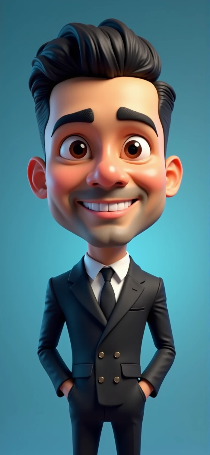 Create a full body portrait of cartoonish caricature 3D animation of a big-headed facing straight to the camera. a 25 years old Pakistani businessman. He has short black pixie cut hair. His face is oval with smooth lines, thick and neat black eyebrows, normal eyes, a small, sharp nose, and thin lips with a wide, friendly smile. He wore a black double breasted suit. Gradient blue background. masterpiece, top quality, highly detailed skin and face, ultra-realistic, high definition, sharp focus, Concept Art. Front facing, half body portrait, in a office environment