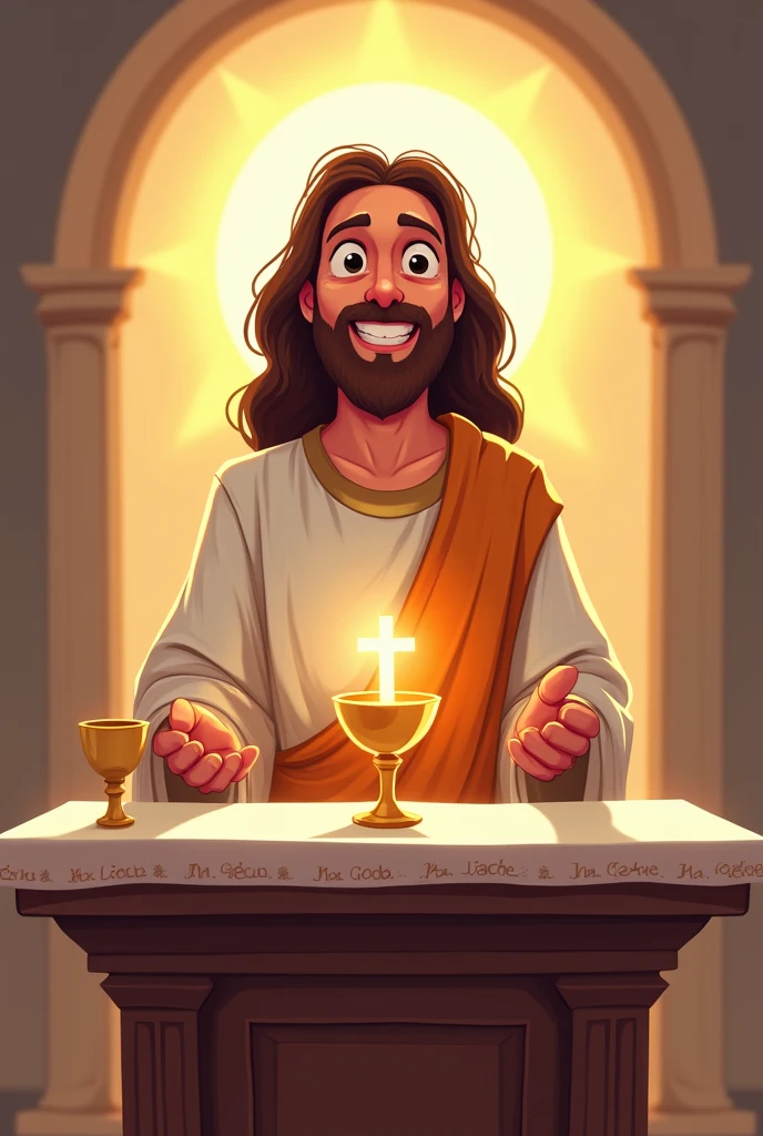 Jesus in cartoon drawing with Eucharist and chalice on the altar