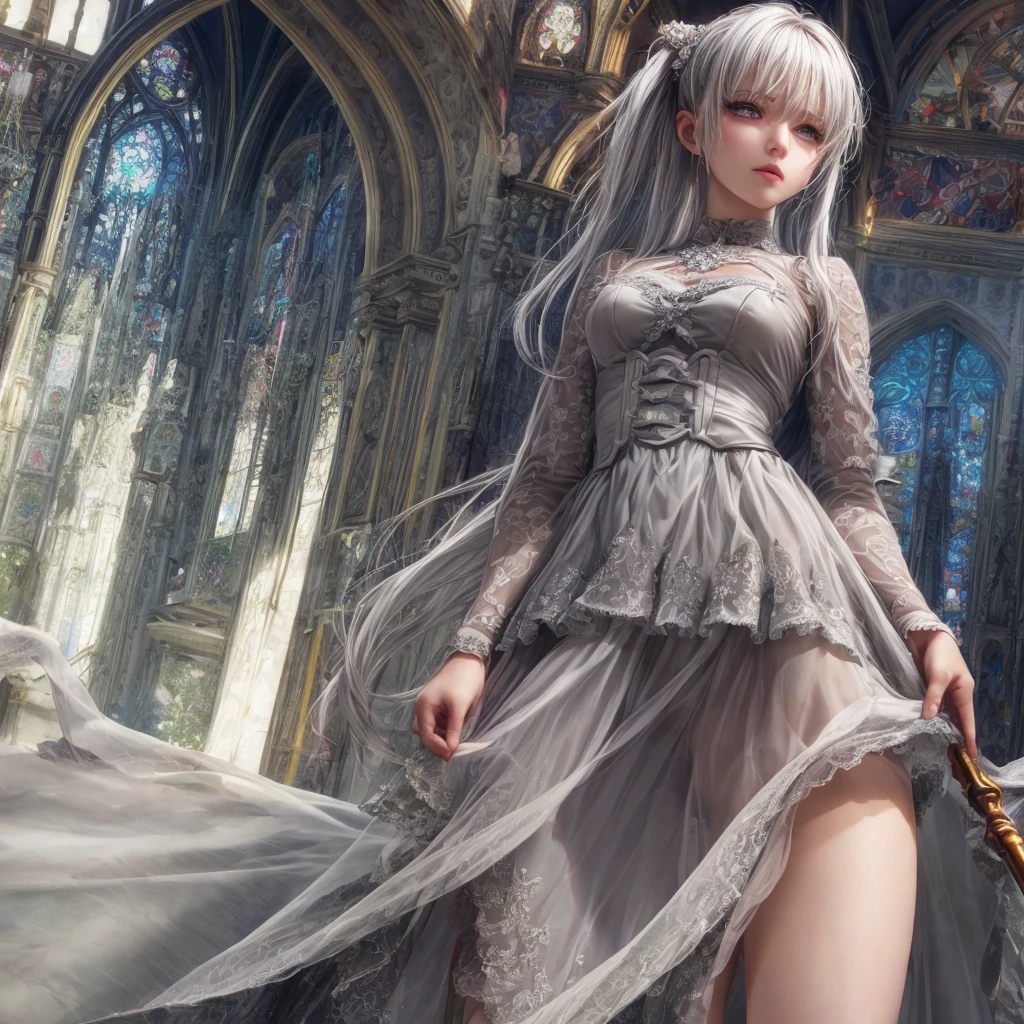 a gothic lolita girl in a majestic cathedral, beautiful detailed eyes, beautiful detailed lips, extremely detailed eyes and face, long eyelashes, elegant gothic dress with a skirt full of frills, red accent embroidery, long shining white hair, mysteriously glowing crimson eyes, queen, crystal flower, sparkling stained glass like a kaleidoscope, layered skirt with detailed embroidery, very layered ruffles, detailed texture, a geometric magic circle above her head, ornamented silver walking stick, the hidden forbidden sanctuary, cool pose, glamour, from below, (best quality, 4k, 8k, highres, masterpiece:1.2), ultra-detailed, (realistic, photorealistic, photo-realistic:1.37), HDR, UHD, studio lighting, ultra-fine painting, sharp focus, physically-based rendering, extreme detail description, professional, vivid colors, bokeh