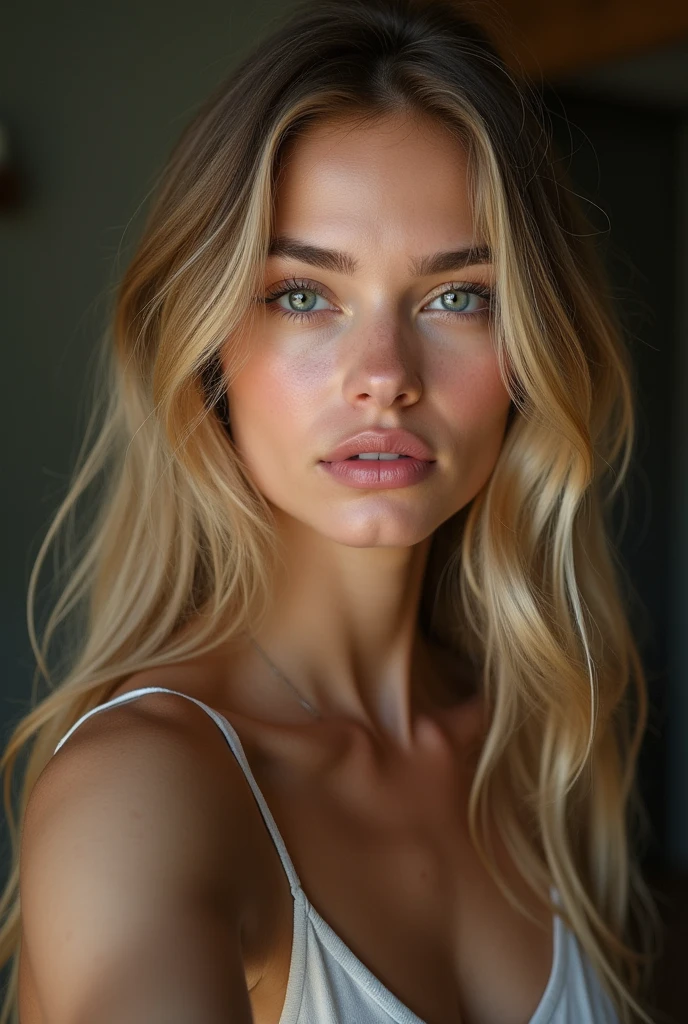 une belle fille aux longs cheveux blonds, detailed eyes, nose, and lips, full body, dans un studio photo, Serious photo, takes a selfie with his right arm, (best quality,4K,8k,high resolution,head of'artwork:1.2),ultra-detailed,(realistic,photorealistic,photo-realistic:1.37),HDR,studio lighting,Highly detailed face and body, portrait,Cinematic lighting,Dramatic lighting,warm color tones,couleurs dramatiques