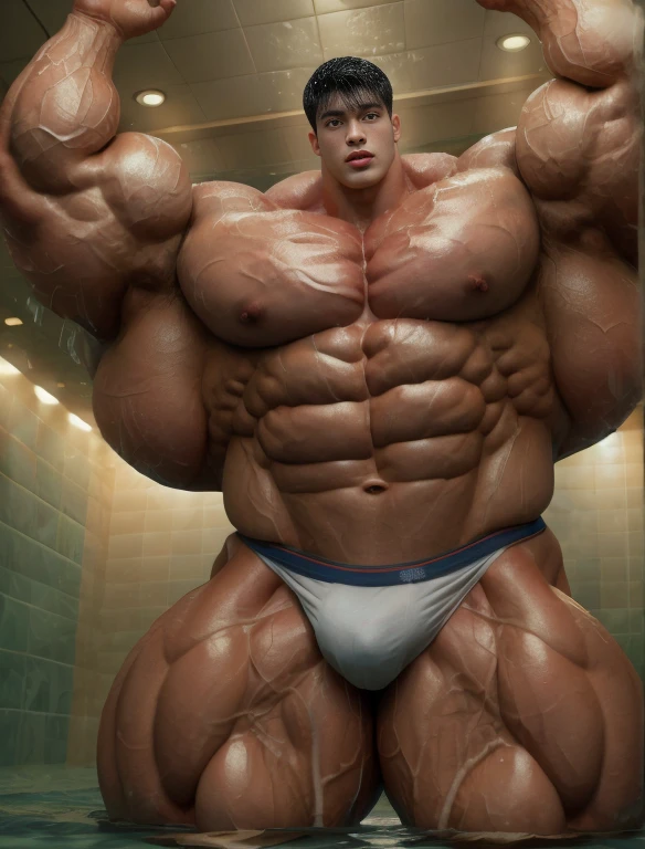 1boy, giant, asian, solo, giant bodybuilder, illuminating light, strong body, bulk, large size, standing under water shower rain in any bathroom, hand on his head, armpits, indoor, wet, nude, white triangular underpants with enormous bulge, extraordinary big, brutalmass, giant muscular body, bulk, buff, massive body, large meaty body size, extremely wide body