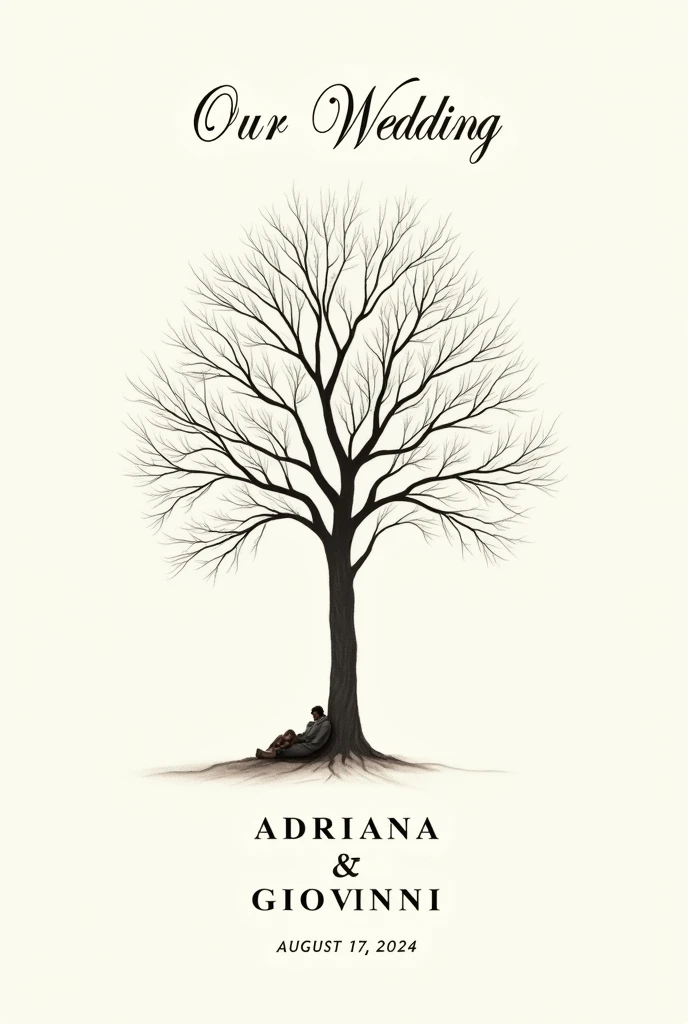 "Please, create an image of an elegant tree without leaves or flowers for a wedding with a plain background, Clear. The tree should include the names 'Adriana' and 'Giovanni' prominently displayed at the base of the tree. On the bottom, Add the date 'August 17, 2024'. Add title to image "Our Wedding" at the head of the canvas. Add image of two lovers lying on the tree trunk."