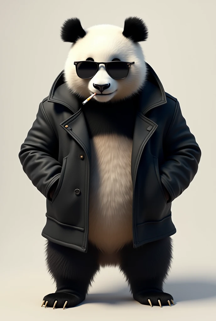 a cool panda wearing a black jacket with sunglasses and smoking