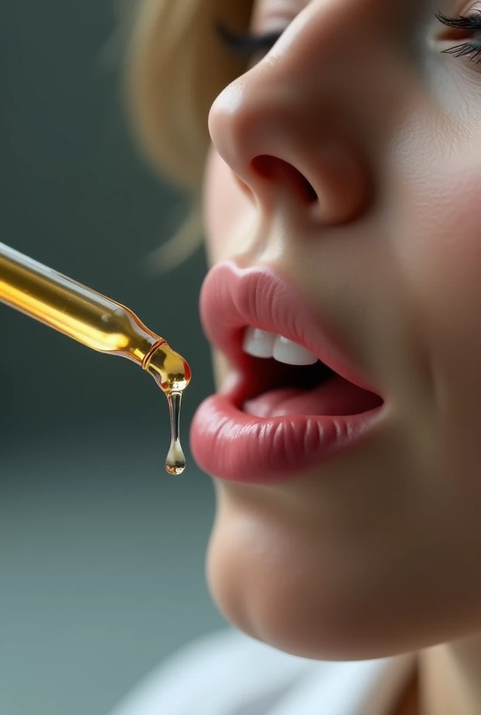 Create an image, of a mouth receiving liquid medicine, by a dropper, the medicine has a slightly golden oil color, don&#39;t show your whole face, the mouth would be of a woman of about 40 years old. Make the image as realistic as possible. Show only the mouth and medicine falling on the tongue. Don&#39;t show nose and eyes.
