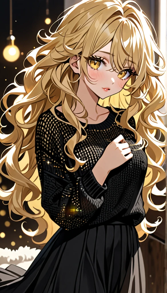 Beautiful and blond messy styled hair, best quality, beautiful woman, amorous expression, blonde messy wavy hair, extremely long hair, very very long hair, yellow eyes, make-up, wearing loose fitting black summer knit sweater, long stylish skirt, sparkly fluffy, flaunting her hair