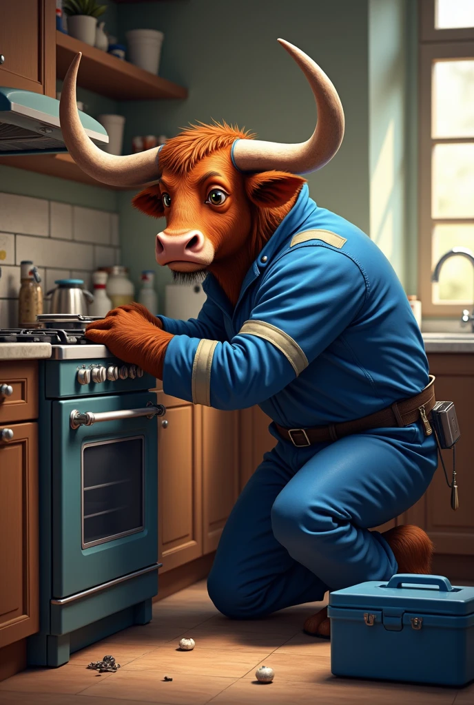 Ox with big horns dressed in blue gasman uniform with reflective stripes and blue toolbox in kitchen repairing a stove 