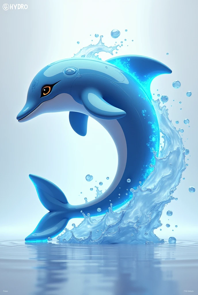 Design a 3D stylized illustration for 'Hydro,' a dolphin-like creature aligned with the water element. The art style should reflect the clean, futuristic design of the SOLMON logo, focusing on smooth, sleek textures with glowing water accents. Hydro should be shown in a dynamic, leaping pose, with water trailing behind. The background should be minimalistic, featuring digital waves and cosmic bubbles that enhance the water theme, creating a clean, fluid composition.