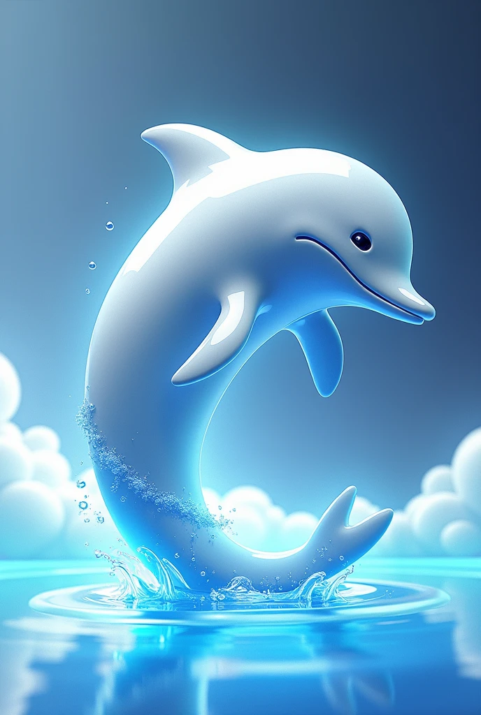Design a 3D stylized illustration for 'Hydro,' a dolphin-like creature aligned with the water element. The art style should reflect the clean, futuristic design of the SOLMON logo, focusing on smooth, sleek textures with glowing water accents. Hydro should be shown in a dynamic, leaping pose, with water trailing behind. The background should be minimalistic, featuring digital waves and cosmic bubbles that enhance the water theme, creating a clean, fluid composition.