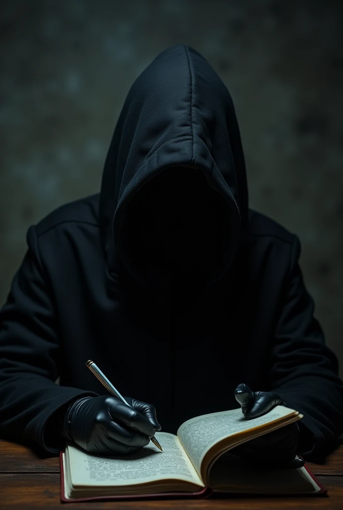 A person wearing a black hooded coat and glove,that his face cannot be seen,writing in a notebook on a table,with low lighting