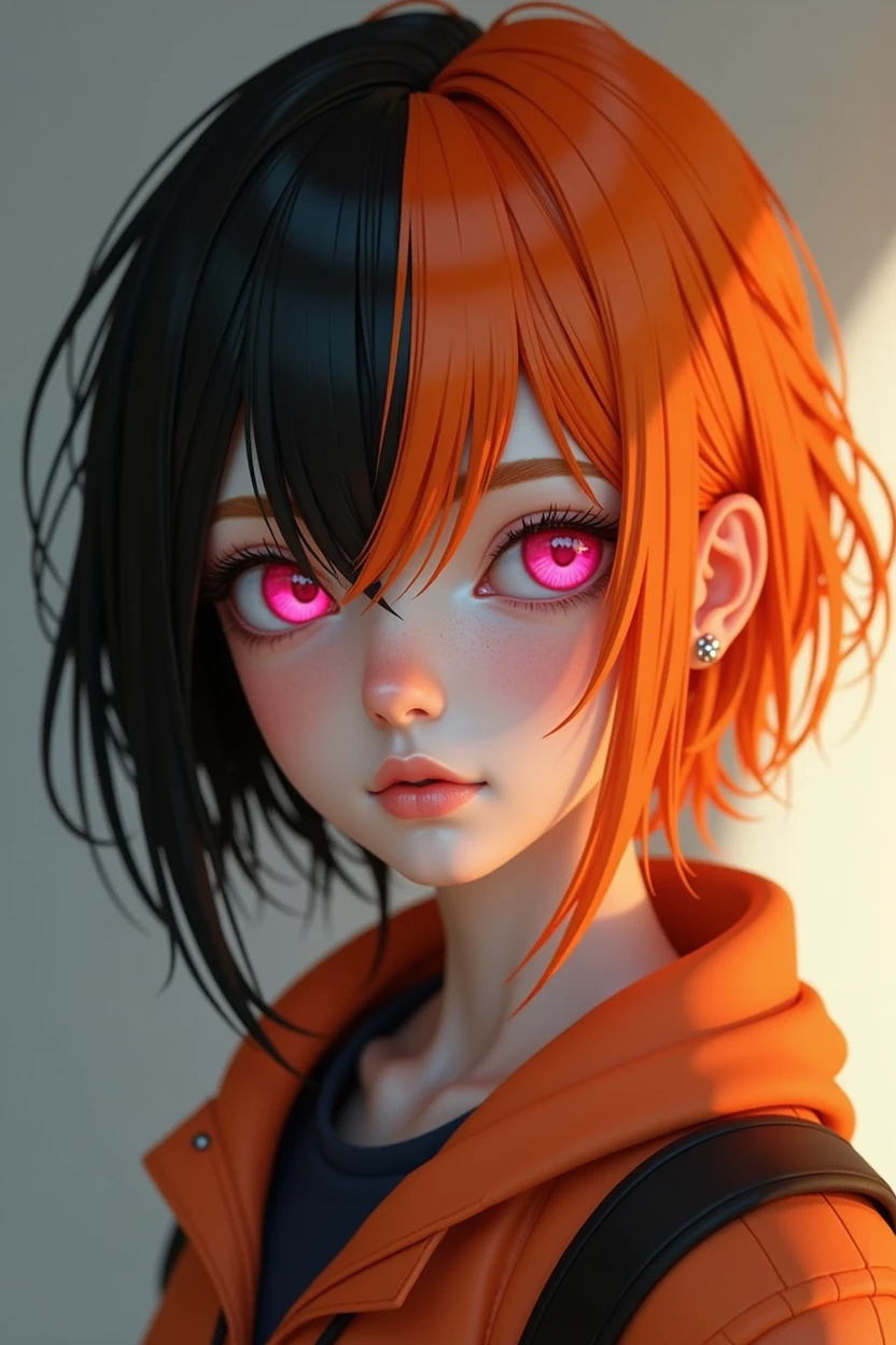 adolescent, orange hair, pink eyes and black lock, realist