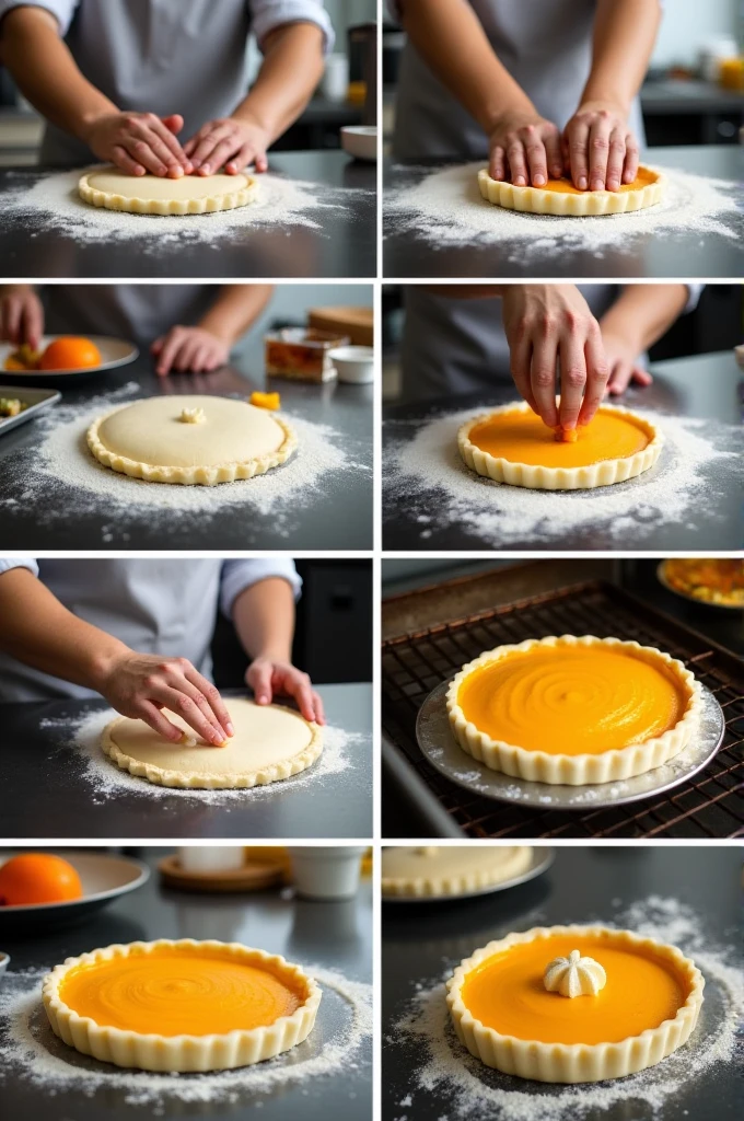 "Images of the process of making guava pies in a professional kitchen. Include a chef kneading the dough, placing the guava filling on the dough, putting the pies in the oven and decorating them with final details. The kitchen should look clean and tidy, with visible utensils and ingredients."