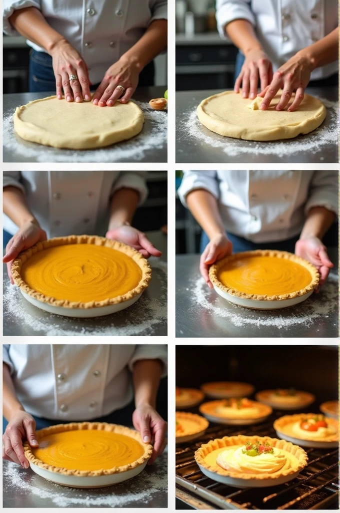 "Images of the process of making guava pies in a professional kitchen. Include a chef kneading the dough, placing the guava filling on the dough, putting the pies in the oven and decorating them with final details. The kitchen should look clean and tidy, with visible utensils and ingredients."