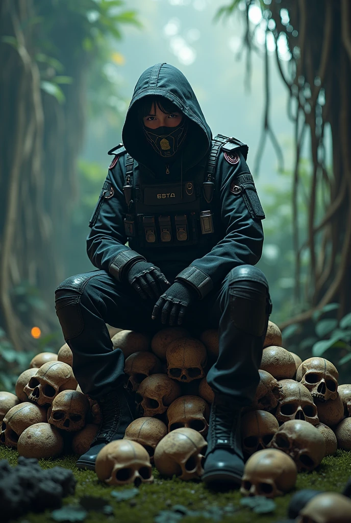 a man sitting on top of a pile of skulls, cyberpunk jungle background, unreal engine character art, ballistic mask, an edgy assassin, artgerm ; 3d unreal engine, ( ( character concept art ) ), mmorpg gameplay, cloaked soldier