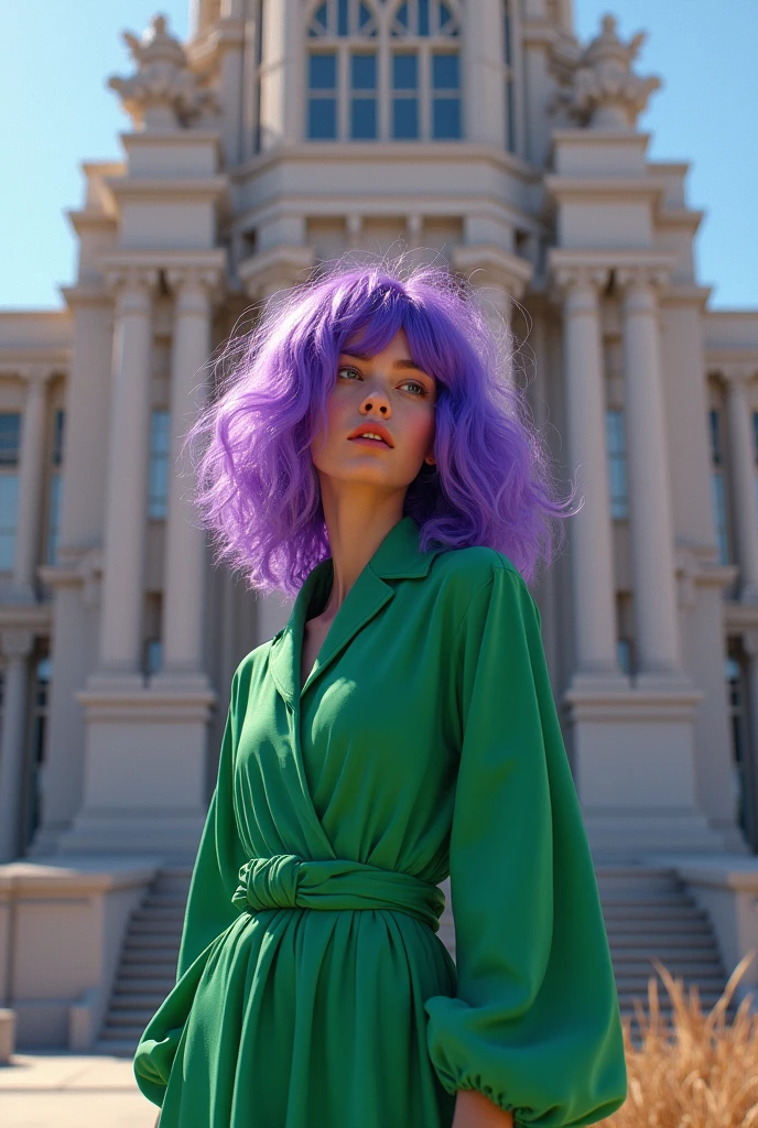 A person with purple hair and green clothes next to a building