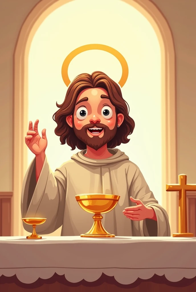 Jesus in cartoon drawing with Eucharist and chalice on the altar 