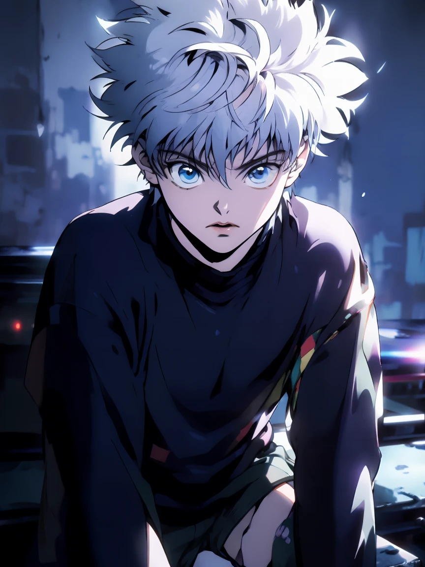 Super detailed, highest quality, best image quality, masterpiece, 8K, anime facel, (medium long shot), Killua Zoldyck from hunter x, psychopath face, Killua has spiky silver hair, very pale skin, and blue eyes, long-sleeved and dark-colored shirts, Killua wears long, baggy shorts, thunderbolt background
