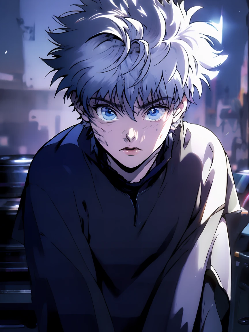 Super detailed, highest quality, best image quality, masterpiece, 8K, anime facel, (medium long shot), Killua Zoldyck from hunter x, psychopath face, Killua has spiky silver hair, very pale skin, and blue eyes, long-sleeved and dark-colored shirts, Killua wears long, baggy shorts, thunderbolt background
