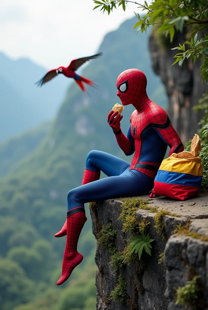 Spiderman, venezuela, sitting on the edge of a Venezuelan cliff, Tricolor yellow blue and red bag, Eating a Venezuelan Arepa, Macaw flying in the background.