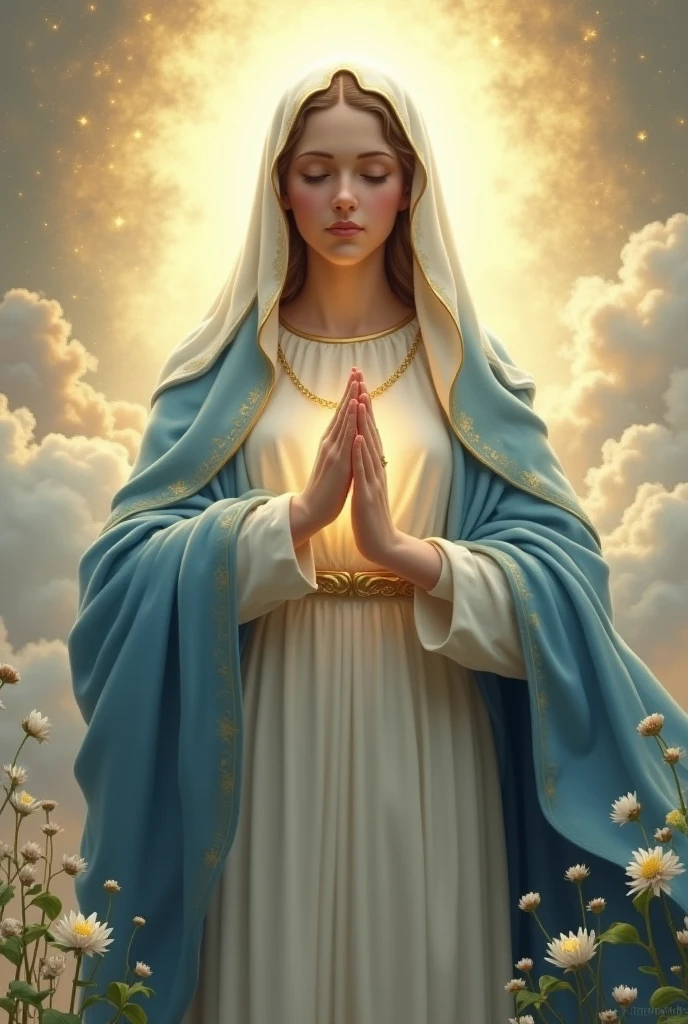 "Create an image of the Virgin Mary with a serene and maternal expression. She should be wearing a blue and white cloak, symbolizing purity and protection. The background can be a heavenly environment with a soft, golden light, highlighting her figure. Her expression should convey calm and compassion, and around her there can be small details such as flowers or stars to accentuate the divine atmosphere."