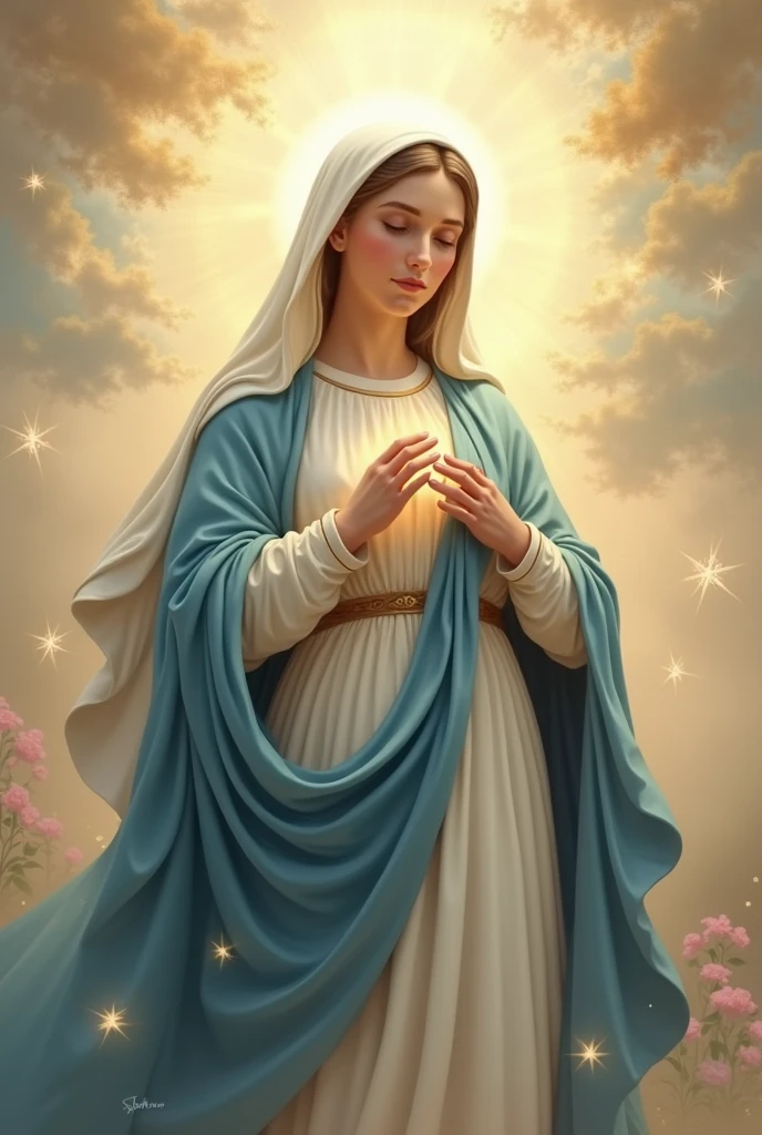"Create an image of the Virgin Mary with a serene and maternal expression. She should be wearing a blue and white cloak, symbolizing purity and protection. The background can be a heavenly environment with a soft, golden light, highlighting her figure. Her expression should convey calm and compassion, and around her there can be small details such as flowers or stars to accentuate the divine atmosphere."