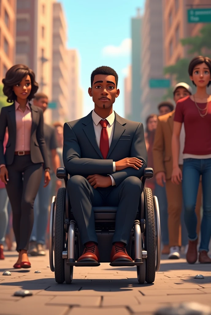 Animation of a 54-year-old black city council candidate in a wheelchair in the middle of the crowd
