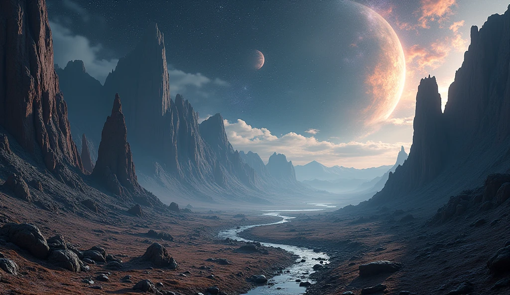 rocky landscape, craters, mountains, futuristic, dramatic lighting, stars, planets, galaxies, nebulae in the background, hyper-realistic, 8K, cinematic, epic, moody, dramatic, stunning, intricate details, realistic textures, volumetric lighting, photorealistic