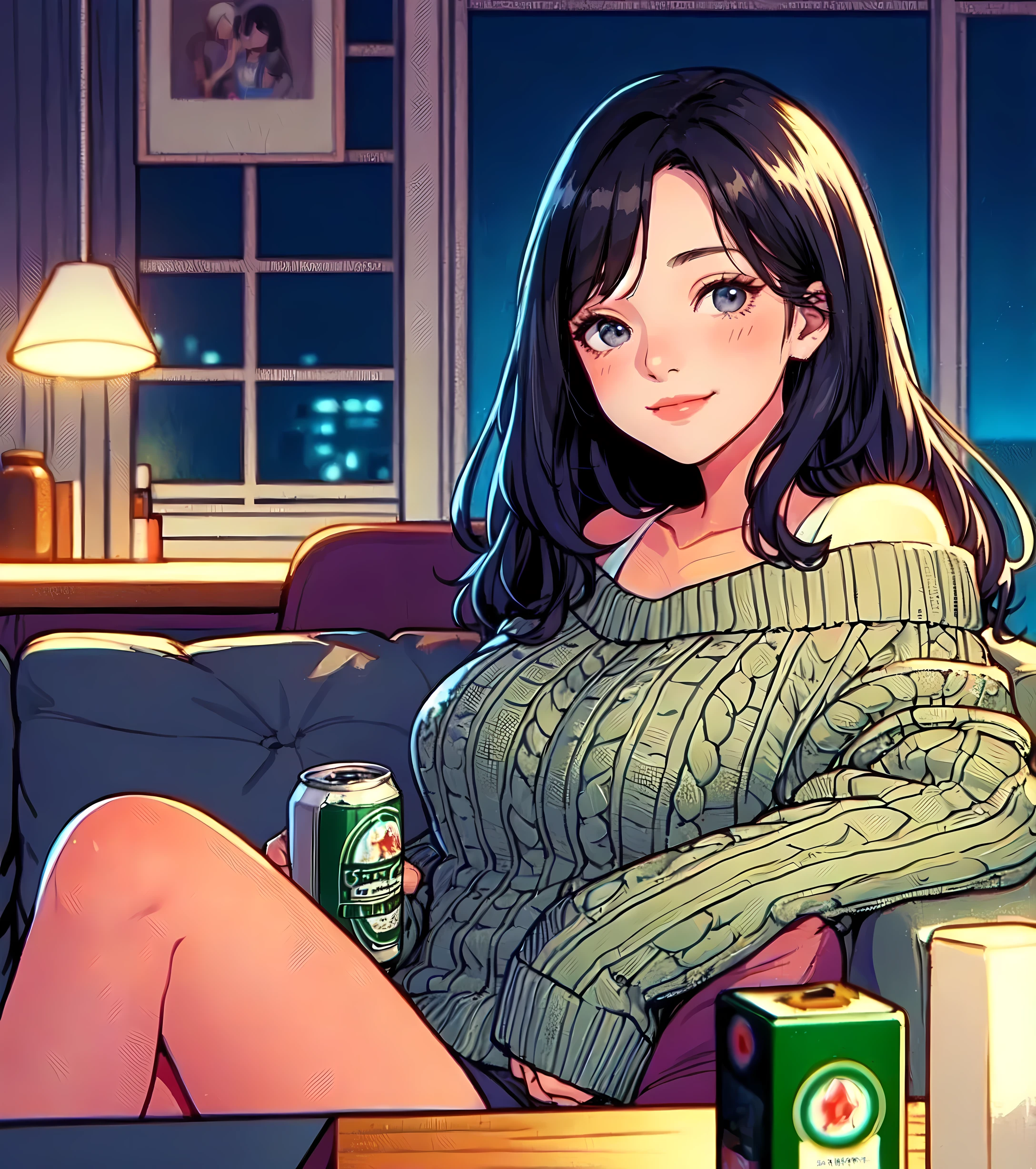 1lady solo, (relaxing on sofa) (looking at viewers), (holding can of beer) in one hand, casual outfit (knit sweater), (mature female:0.6), /(navy hair/) bangs, blush kind smile, (masterpiece best quality:1.2) delicate illustration ultra-detailed, large breasts BREAK (modern living room), furniture, night, soft lighting, detailed background