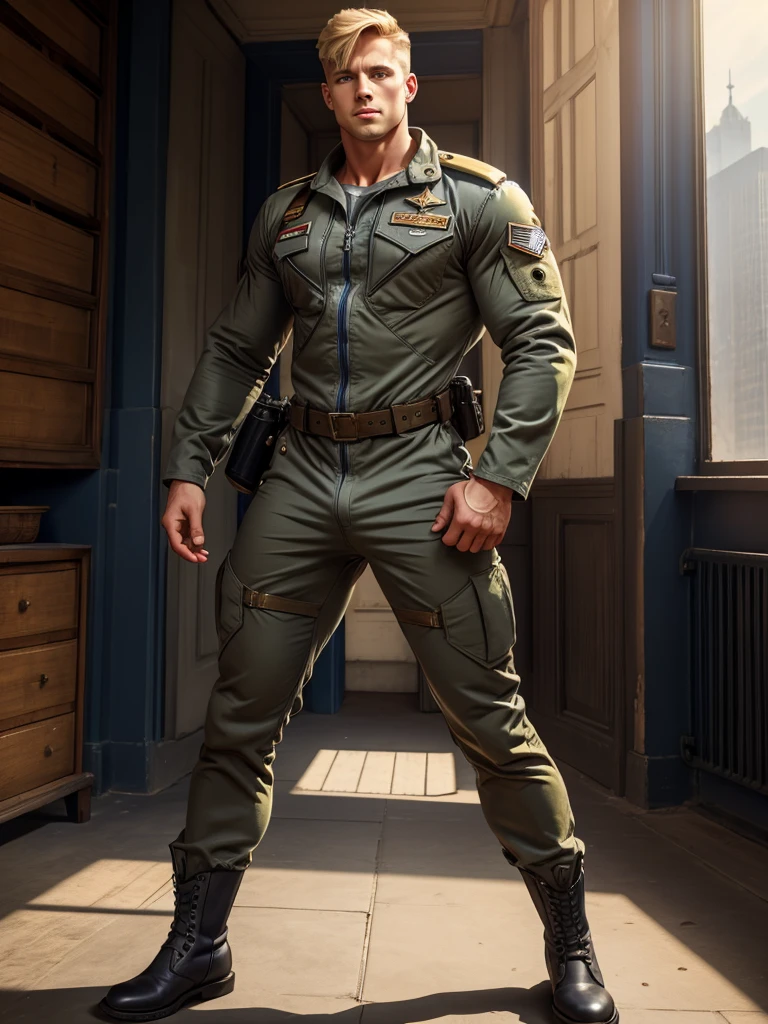 illustration in Leyendecker style; solo male, Lewis Smith \(Bang Brave Bang Bravern\), blond hair, short hair, blue eyes, grey military pilot jumpsuit, black boots, mature, handsome, charming, alluring, standing, upper body, perfect anatomy, perfect proportions, best quality, masterpiece, high_resolution, dutch angle, cowboy shot, photo background,Lewis Smith