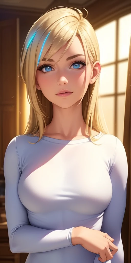 (best quality, ultra-detailed, photorealistic: 1.39), bright and vibrant colors, studio lighting, romantic expression, Beautiful sweatshirt and leggings, in the house, light fabric, platinum blonder hair, small breasts, fit, muscular, short dress, mercenary, (masterpiece:1.2), (best quality), 4k, ultra-detailed, (dynamic composition:1.4), highly detailed, colorful details,( iridescent colors:1.2), (glowing lighting, atmospheric lighting), dreamy, magical,
