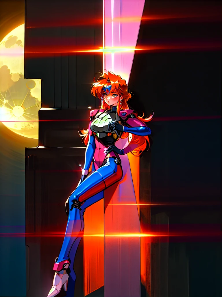 Kenichi Sonoda, retro art-style, 90s Japanese Anime Style, "bubblegum crisis", Sci-fi, Cyberpunk, Neon, Dystopia, (In the neon-drenched skyline of Mega Tokyo's towering skyscrapers, Priss, a stunning 20-year-old anime beauty, stands solo on the spire of a gleaming high-rise, bathed in the radiant glow of the full moon. Her striking features are accentuated by her dark blue metal hard suit adorned with vibrant orange lines, inspired by Syd Mead's industrial mechanic design. Her brown medium-length hair frames her sharp-eyed gaze, as she smizes confidently at the viewer. With fearless determination etched on her face, Priss stands tall on tiptoes, her entire being exuding an aura of cool and stylish elegance. The smooth curves of her shadow cast against the lunar backlight create a mesmerizing silhouette, showcasing her unparalleled beauty under the watchful eye of the city's towering skyscrapers.), The main character, "Priss", 1girl, solo, 20yo, anime beauty,(masterpiece, incredibly absurd resolution, absolutely resolution, ultra high resolution, professional, vivid colors, perfect anatomy, ideal facial features, beautiful detailed face, ideally proportioned figure, perfectly beautiful body),