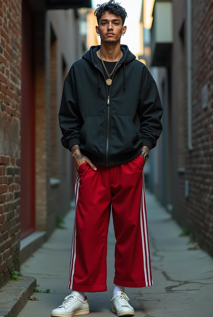 A 23 year old white male, Scrawny, with the face of , with slight Asian descent, short dark brown hair curly with Undercut cut, a small hoop earring in the ear, eyes browns, sem beard, Very beauthful, with small tattoos spread across his arms, wearing a black windbreaker, red and white very wide, with very wide black shorts, high sock, on foot wearing a white adidas samba, stylish, posing for a spontaneous photo, in Batman&#39;s alley in Sao Paulo