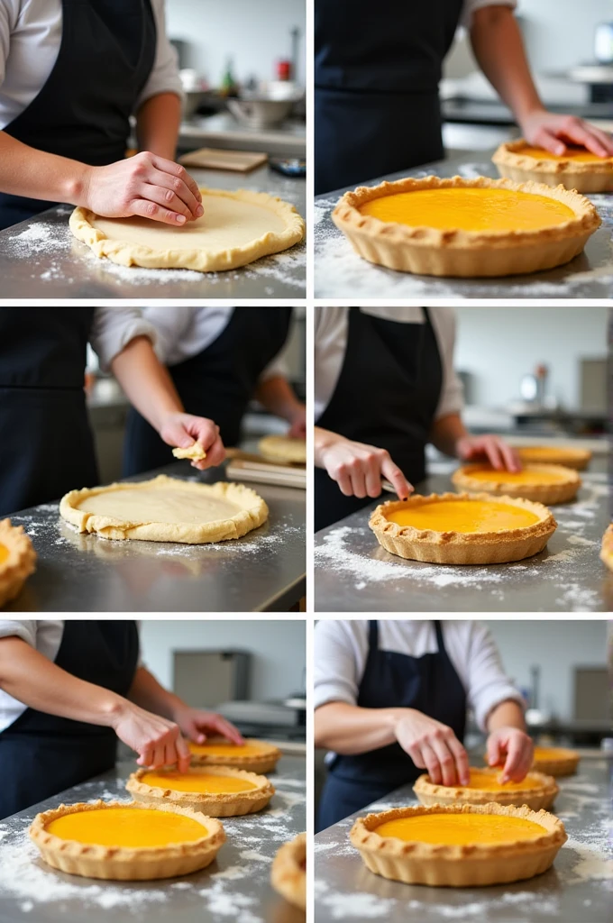 "Images of the process of making guava pies in a professional kitchen. Include a chef kneading the dough, placing the guava filling on the dough, putting the pies in the oven and decorating them with final details. The kitchen should look clean and tidy, with visible utensils and ingredients."