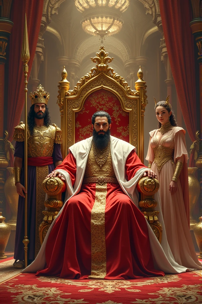 A Persian king sitting on his golden throne, 
In a large luxurious hall with carpets and golden Persian vases, add two soldiers, one next to the king with a spear, and also add a queen in her royal robes.
