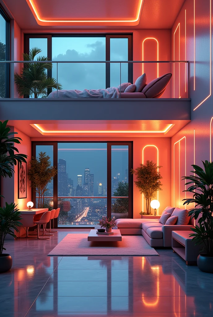 rompts
Copy
Apartment Interior, studio apartment, kitchen, bathroom, bedroom, living room, stylized furniture, art deco furniture, art deco furnishings,neon lights ,art deco design,streamline moderne,futuristic architecture, Abstraction,modern style,Luxury and Luxury,Future night view,Futuristic decorative elements,Metallic,number line,sci-fi lamp,Virtual Engine,Unreal rendering, neon lights, greenery, balcony.