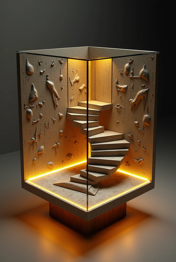 A 50 cm square table designed to give the impression of a deep well, thanks to the reflective glass surface that creates a stunning visual effect resembling an endless tunnel.. Inside the well, the walls are covered with a raised wallpaper with a design that mimics industrial brick or a modern look, adding depth and extra detail.. Warm yellow LED interior lighting floods the well interior and highlights the details.. The decor includes a modern-looking staircase that extends into the well, adding an artistic and contemporary feel.. The table is mounted on a solid wooden base, which gives it strength and stability.