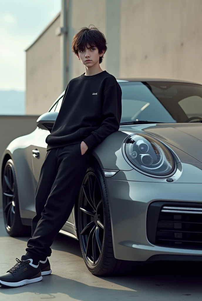 14 year old boy, with the hair down more or less to the eyebrow, White skin, With black sweatshirt, and a long black pants, Jordan sneakers, leaning on a porsche, estilo picsart
