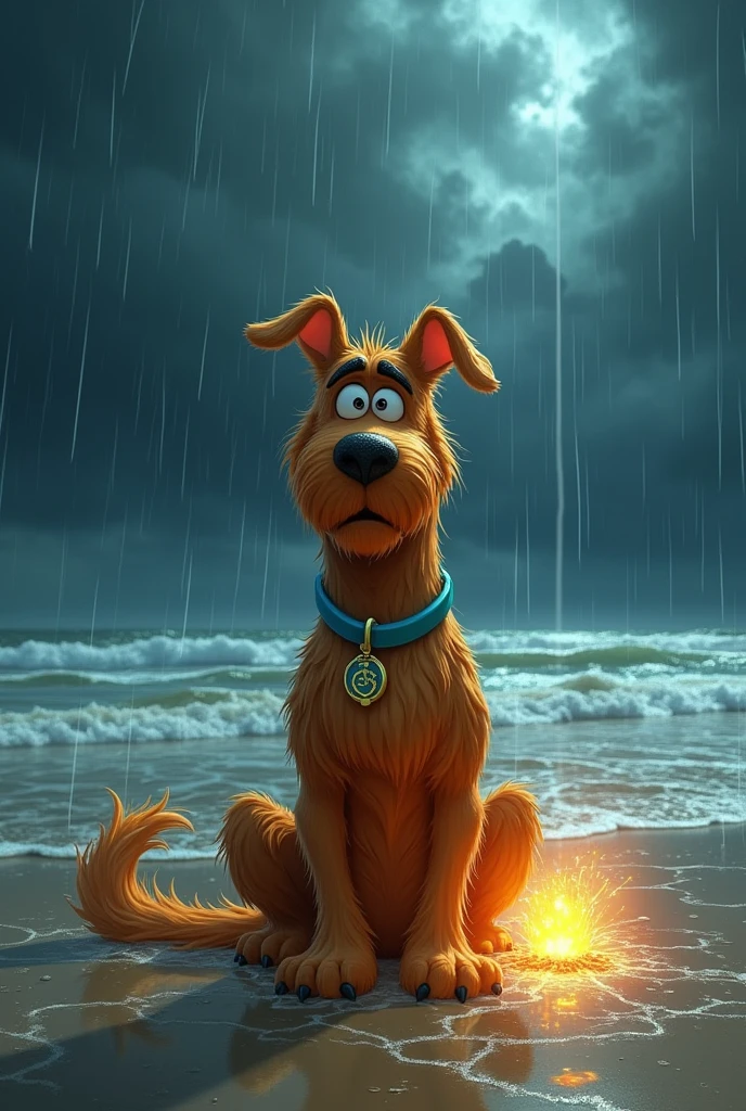 Nervous Scoobdoo dog on the beach in the rain with a storm doing magic to make the sun appear