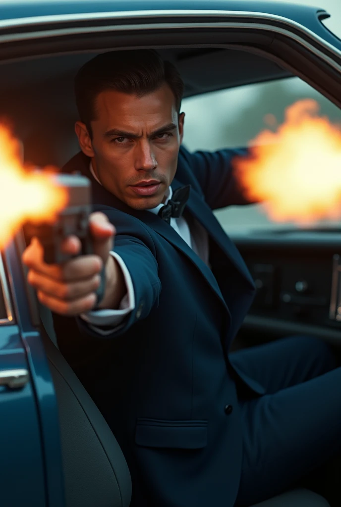 Strong young man in navy blue tuxedo, ((with your head out of the car window but inside the car)) shooting with gun in hand .
Show only from behind.
natta 
