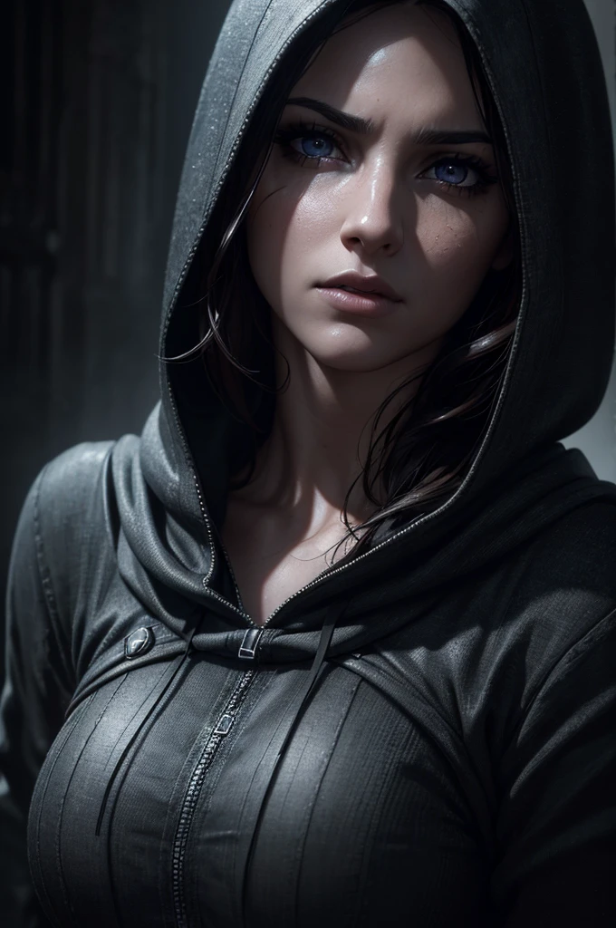 a woman with dark eye makeup and a hood, close up portrait, beautiful detailed eyes, beautiful detailed lips, extremely detailed face, cinematic lighting, dark and moody, dramatic chiaroscuro, digital painting, hyperrealistic, 8k, high resolution, photorealistic, masterpiece, (best quality, 4k, 8k, highres, masterpiece:1.2), ultra-detailed, (realistic, photorealistic, photo-realistic:1.37), dramatic, mysterious, dramatic lighting, dark and moody atmosphere, cinematic style, hyper detailed