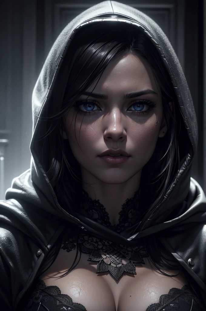 a woman with dark eye makeup and a hood, close up portrait, beautiful detailed eyes, beautiful detailed lips, extremely detailed face, cinematic lighting, dark and moody, dramatic chiaroscuro, digital painting, hyperrealistic, 8k, high resolution, photorealistic, masterpiece, (best quality, 4k, 8k, highres, masterpiece:1.2), ultra-detailed, (realistic, photorealistic, photo-realistic:1.37), dramatic, mysterious, dramatic lighting, dark and moody atmosphere, cinematic style, hyper detailed